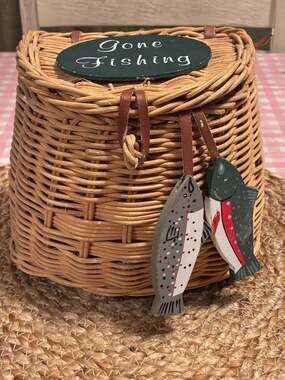 Vintage Woven Wicker Fishing Creel Basket with 'Gone Fishing' Plaque & Wood Fish